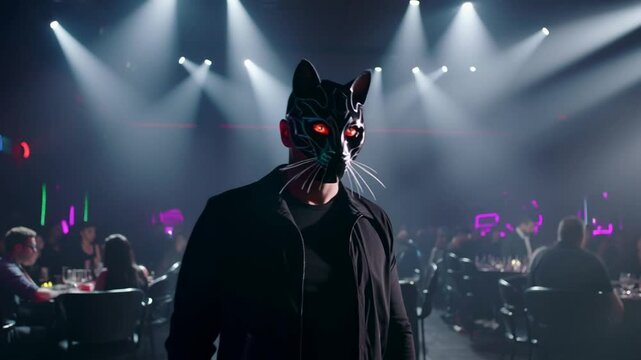 Homme myst&eacute;rieux avec masque de chat lumineux dans une soir&eacute;e chic