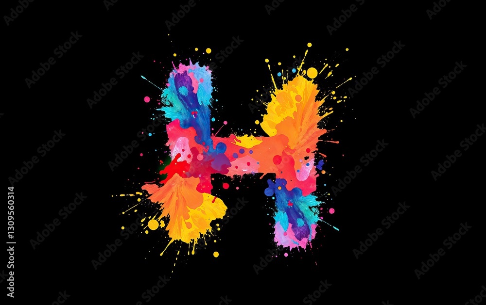 Poster vibrant letter 'h is artistically crafted from watercolor splashes adding splash of color to black b