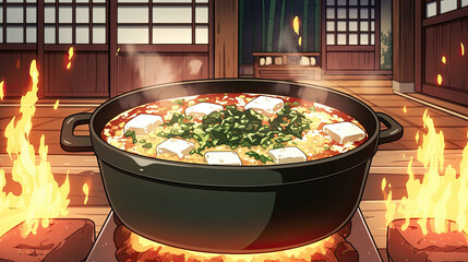 Pot of steaming miso soup with tofu and seaweed on a stove with flames in a kitchen setting