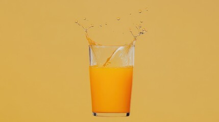 A glass of orange juice is splashing out of a glass