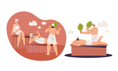 Fototapeta premium People Characters Bathing in Sauna and Taking Steam Bath Vector Set