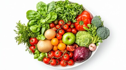 A vibrant assortment of fresh organic fruits and vegetables arranged on a white plate, showcasing healthy eating and nutrition.