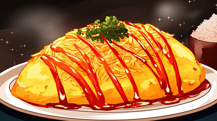 Plate of luxurious anime omurice with golden fluffy eggs served with sauce and a cup of coffee on a wooden table