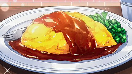 Delicious plate of chicken in sauce served with fluffy golden omurice and broccoli on a white plate garnished with fresh herbs