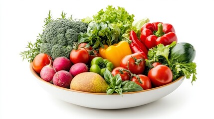 Fresh fresh organic fruits, vegetables and herbs displayed in a round white bowl, showcasing a variety of colors and textures.