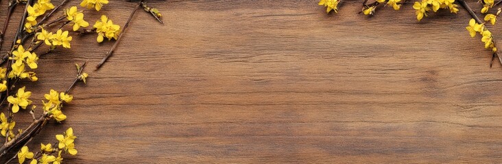 A rustic wooden background framed with vibrant yellow flowers, creating a warm and inviting atmosphere ideal for nature-themed designs.