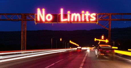 Neon sign no limits vibrant magenta yellow mounted metal structure highway glowing night blurred car lights rushing past