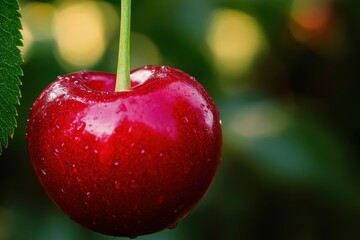 Freshly picked cherry glistens with droplets in a lush garden during summer