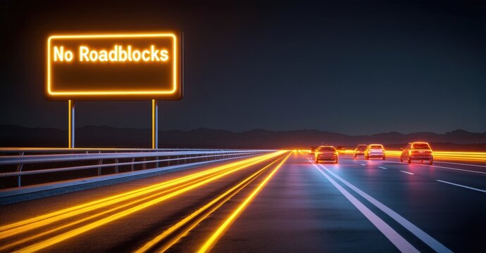 Naklejki Neon sign no roadblocks warm gold deep navy mounted metallic highway glowing as lit cars rush past high speeds