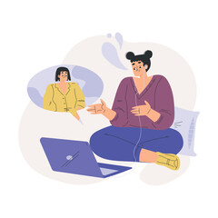 Psychotherapy with Woman at Laptop Have Online Mental Therapy Session Vector Illustration