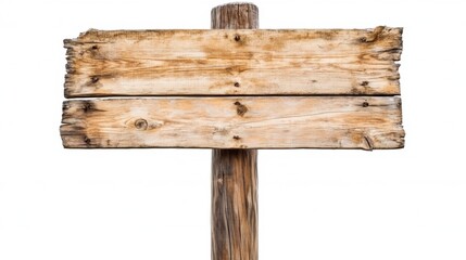 Aged wooden signpost with weathered planks and rustic texture, isolated on a white background. Ideal for direction, message, or travel themes.