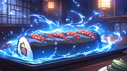 Cartoon illustration of a cake with blue flames and a futuristic sushi roll featuring neon-colored fish on a vibrant background