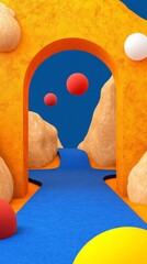 Obraz premium Abstract 3D render of a whimsical landscape with an orange archway, blue water, and textured mountains. Red, white and yellow spheres add a playful touch against a deep blue sky.