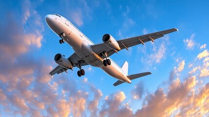 Obraz premium White passenger airplane in flight against a vibrant sunset sky filled with fluffy clouds. The aircraft is captured from a low angle, showcasing its full form against the warm hues of the sky.