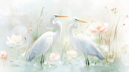Two White Egrets Among Lotus Flowers