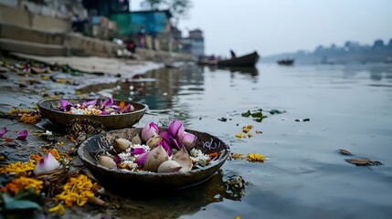 Obraz premium Ritual offerings by the ganges river varanasi cultural celebration serene waters close-up perspective