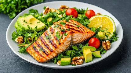 Grilled salmon served on a fresh salad with avocado, cherry tomatoes, walnuts, and a slice of lemon on a gray background.