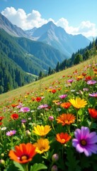 Obraz premium Vibrant wildflowers carpet a hillside, diverse blooms in full sun , nature photography, flower photography, flower carpet