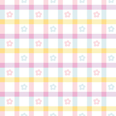 Gingham with cute little flowers seamless vector pattern. Tartan check for tablecloths, napkins, clothes, packaging, for the Easter holiday. Cozy cute childish background in colorful rainbow palette.