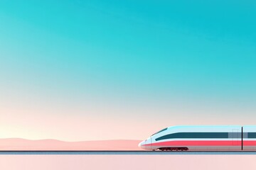 flat design illustration of streamlined train speeding along minimalist railroad track amidst vast open countryside