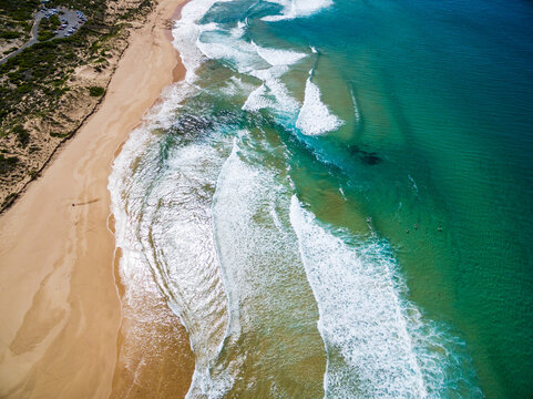 aerial view of beach with surfers in water