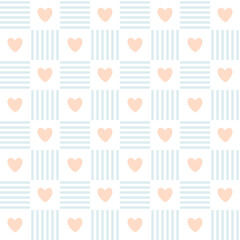 Gingham with cute hearts seamless vector pattern. Tartan check for tablecloths, napkins, clothes, packaging, for the Easter holiday. Cozy cute childish background in pastel palette.