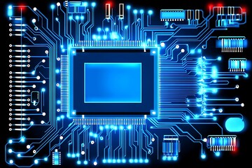 Illuminated circuit board pattern background in blue tones technology