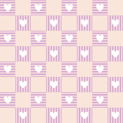 Gingham with cute hearts seamless vector pattern. Tartan check for tablecloths, napkins, clothes, packaging, for the Easter holiday. Cozy cute childish background in pastel palette.