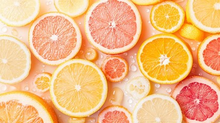 Obraz premium Colorful citrus slices arranged aesthetically in water, showcasing vibrant oranges, yellows, and pinks for a fresh and summery feel.