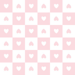 Gingham seamless vector pattern with  hearts. Tartan check for tablecloths, napkins, clothes, packaging. Cozy cute childish background in a pastel palette.