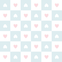 Gingham seamless vector pattern with  hearts. Tartan check for tablecloths, napkins, clothes, packaging. Cozy cute childish background in a pastel palette.
