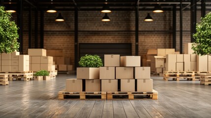 Eco-friendly logistics: recycled cardboard boxes neatly arranged on pallets inside a busy warehouse.