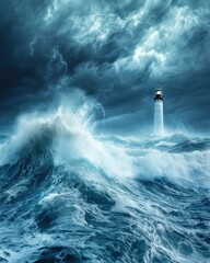 Fototapeta premium Lighthouse Standing Tall Against Stormy Waves and Dark Skies