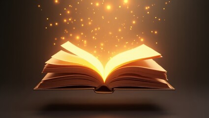 Magical Open Book with Glowing Pages and Golden Light Fantasy Literature Concept