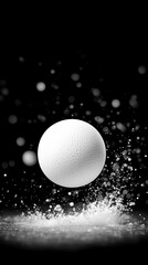 Fototapeta premium White sphere splashing in dark water, monochrome image with high contrast, detailed water droplets and texture, evokes a sense of motion and dynamism.