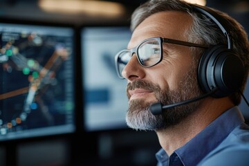 A dedicated man wearing glasses and a headset focuses intently on multiple digital screens, showcasing his expertise in monitoring and communications in a control room setting.