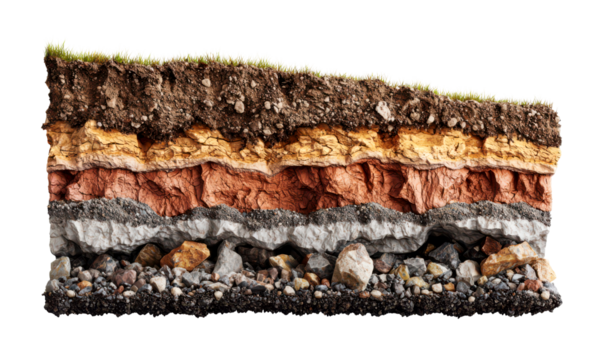 Detailed Cross Section of Unstable Soil Layers for Geological Study Isolate on Transparent Background, cutout, png