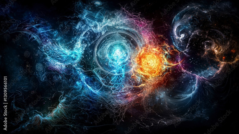 Poster Celestial symbols in a swirling vortex abstract art digital universe cosmic environment dynamic viewpoint
