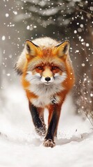 Fototapeta premium Majestic Red Fox Walking Through Snowy Forest in Winter Wonderland