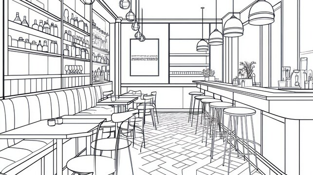Line drawing of a modern cafe interior