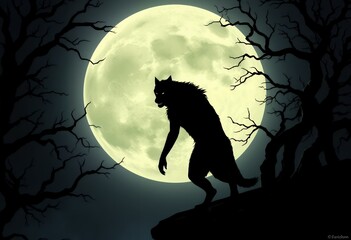 Silhouette of Werewolf Walking Under Full Moon in Dark Forest