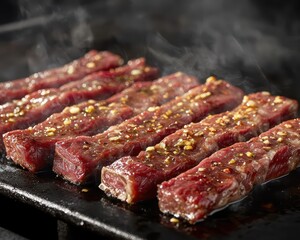 Grilled Meat Cooking on a Hot Surface with Sizzling Sound