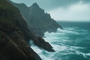 Stormy Seaside Cliffs with Turbulent Waves and Overcast Sky