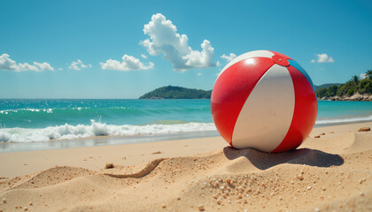 A vibrant beach ball on a sunny sandy beach with clear blue sea and distant hills.