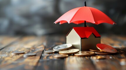 Model of umbrella with house and coins on wooden table concept of the system of insurance savings and the cost of health insurance 