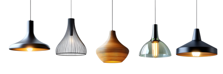 Set of minimalist hanging lamps isolated on transparent background. Front view of modern minimalist pendant hanging lamp for home interior decoration elements. Generative AI