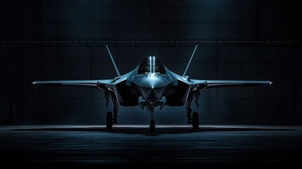 F-35 Lightning II stealth fighter jet parked in a dimly lit hangar, showcasing its sleek nose and cockpit.