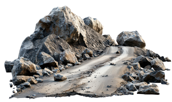 Rockslide on Mountain Road Causing Damage with Fallen Boulders Isolate on Transparent Background, cutout, png