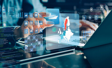 Logistics supply chain management concepts showing interface displaying shipping, analytics, and global trade data.technology-driven transportation, automation, and international trade.not ai generate