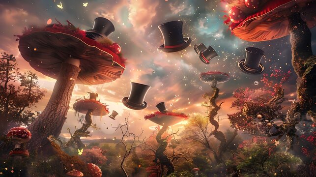 Surreal Wonderland: Giant Mushrooms and Floating Top Hats